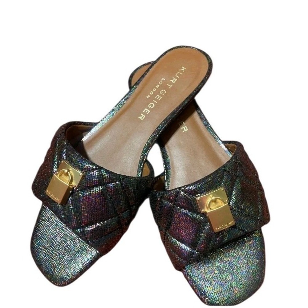 Kurt Geiger‎ London Kensington Quilted Iridescent Metallic Padlock Slides 37 New
